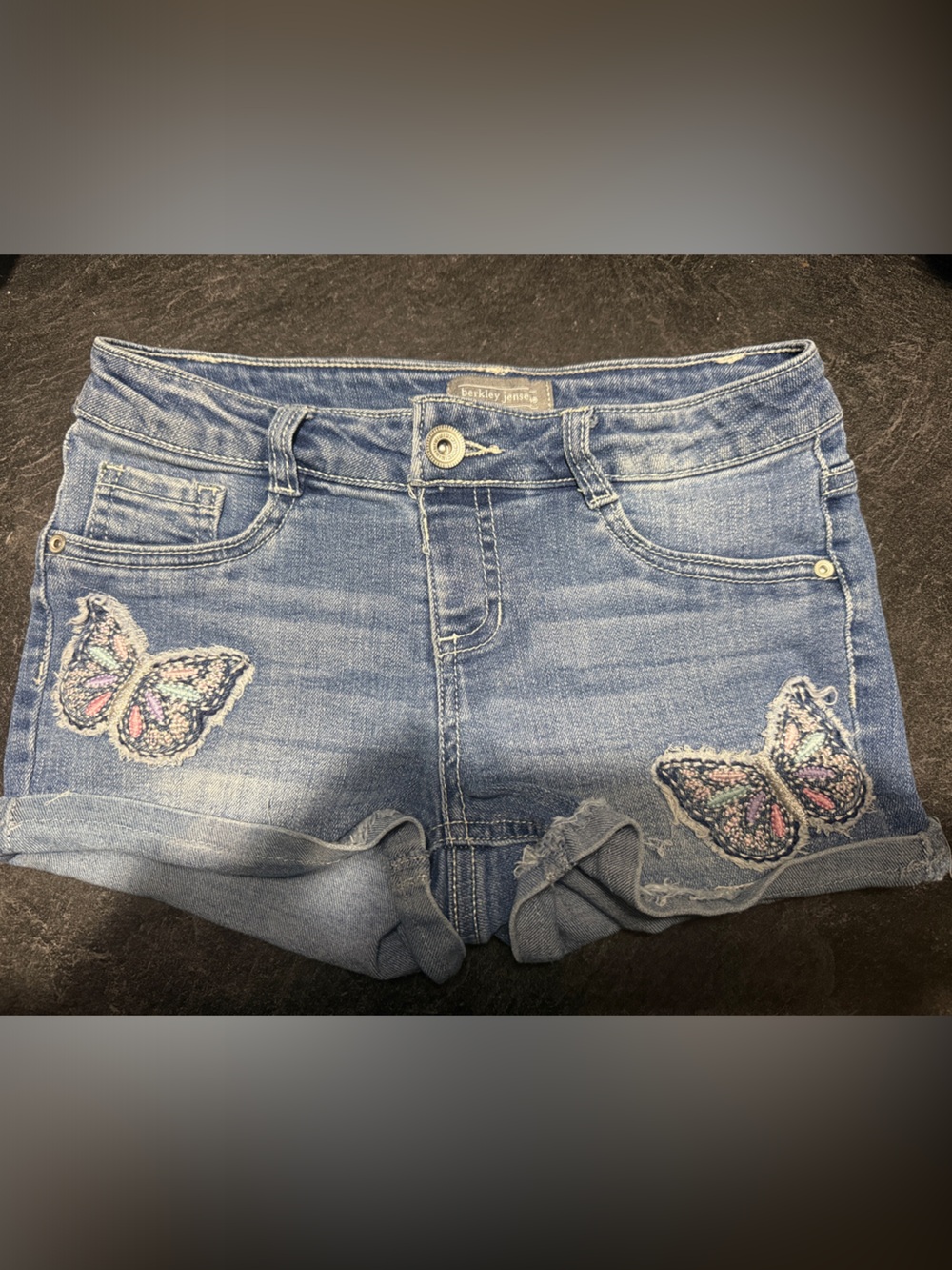 Girl's Blue Denim Shorts with Embroidered Butterflies